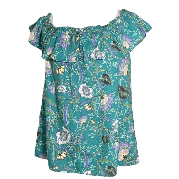 Loft Women's Top Size S Teal Floral Print Ruffles Linen Blend - Picture 1 of 4